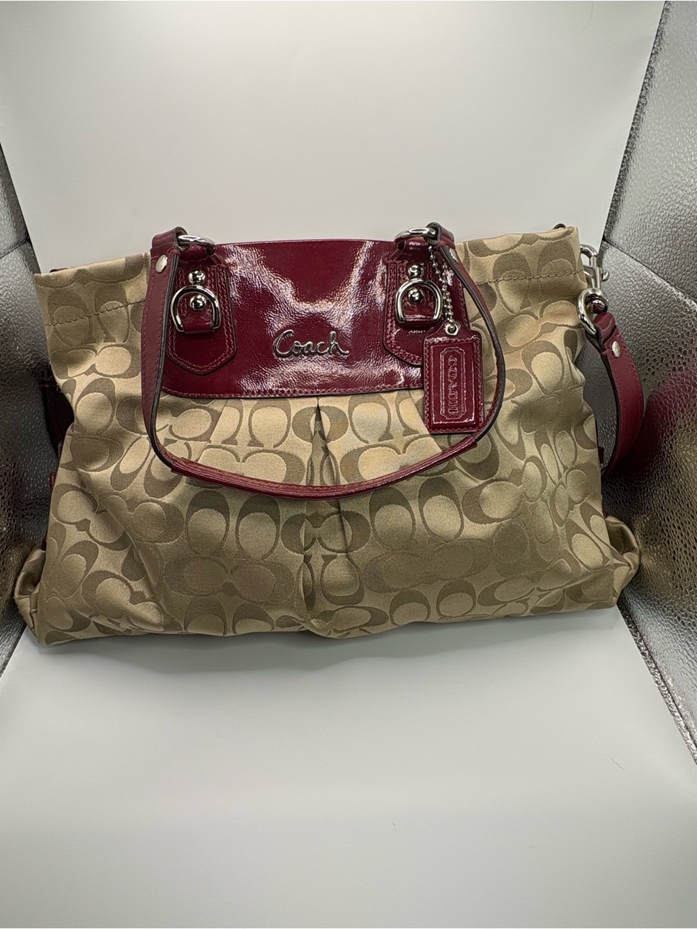 Coach Tan Signature Canvas Shoulder Bag with Burgundy Patent Trim